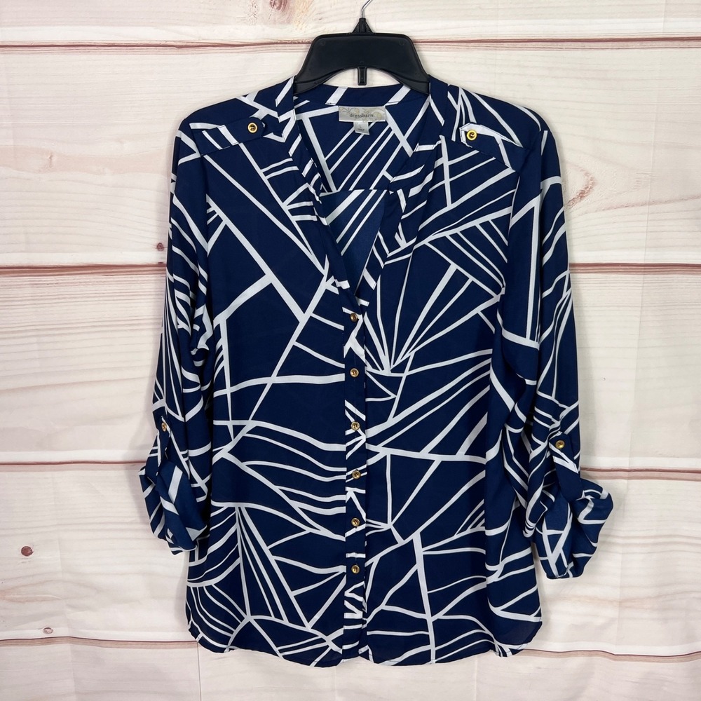Dressbarn Top Womens L Blue Geometric Shirt Button Up Tab Sleeve Woven V-Neck